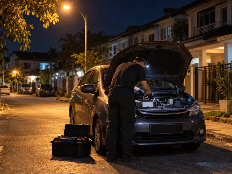 Technician membantu kereta yang mati bateri pada waktu malam